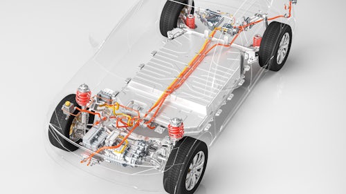 3D render of E/E systems in an electric vehicle.